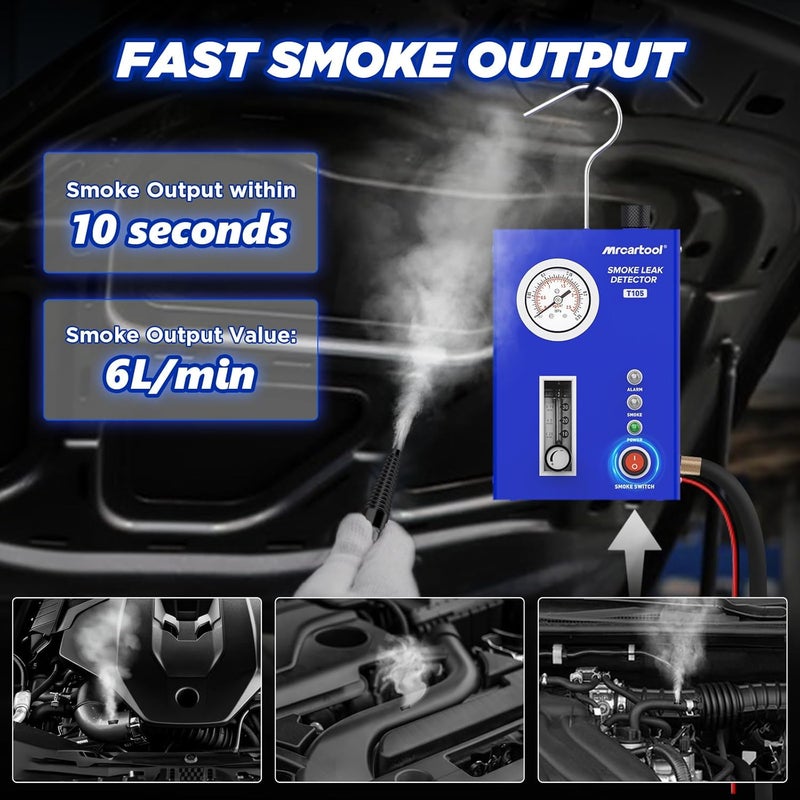 MRCARTOOL T105 Automotive Smoke Machine Leak Detector, Smoke Tester with Built-in Air Pump and Pressure Gauge, Vacuum Diagnostic Detector Tools Kit for 12V DC Cars - Image 3